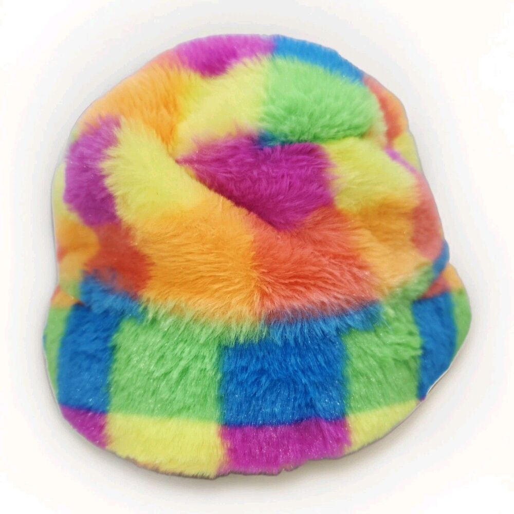 Fiesta Rainbow Plush Bucket Hat Checker Plaid Faux Fur Kid Size C22520 Y2K